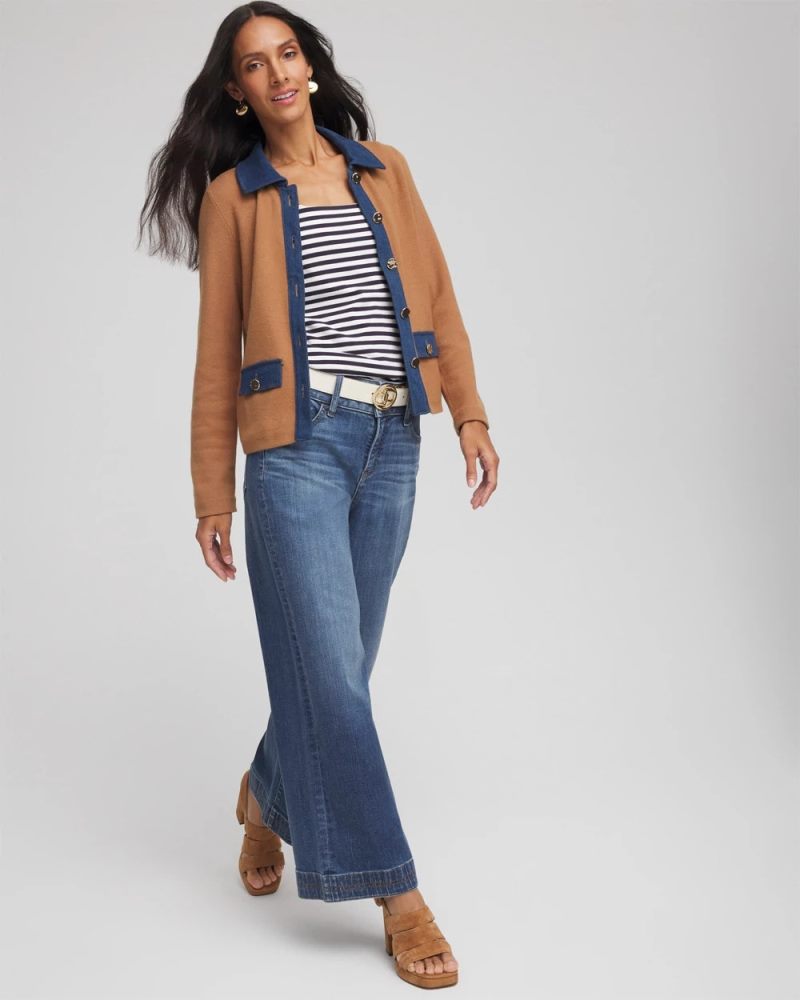 Chicos Collared Denim Trim Cardigan - CARAMEL APPLE HEATHER