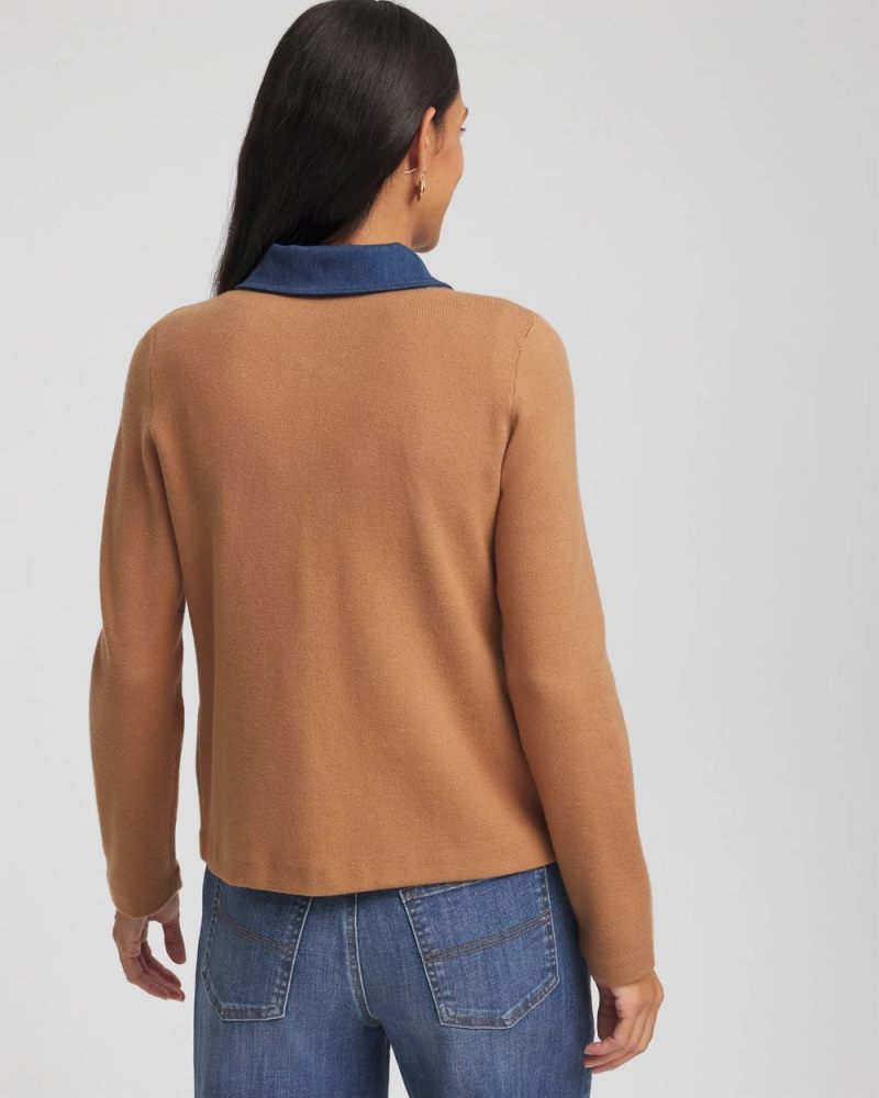 Chicos Collared Denim Trim Cardigan - CARAMEL APPLE HEATHER