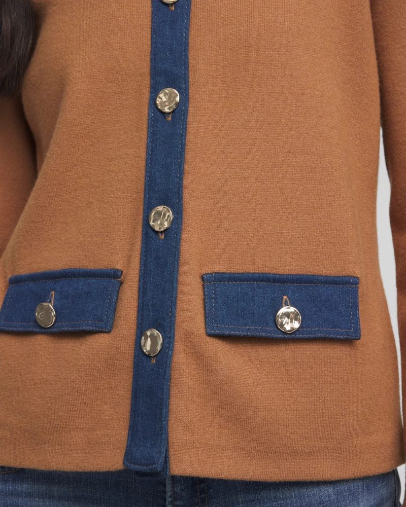 Chicos Collared Denim Trim Cardigan - CARAMEL APPLE HEATHER