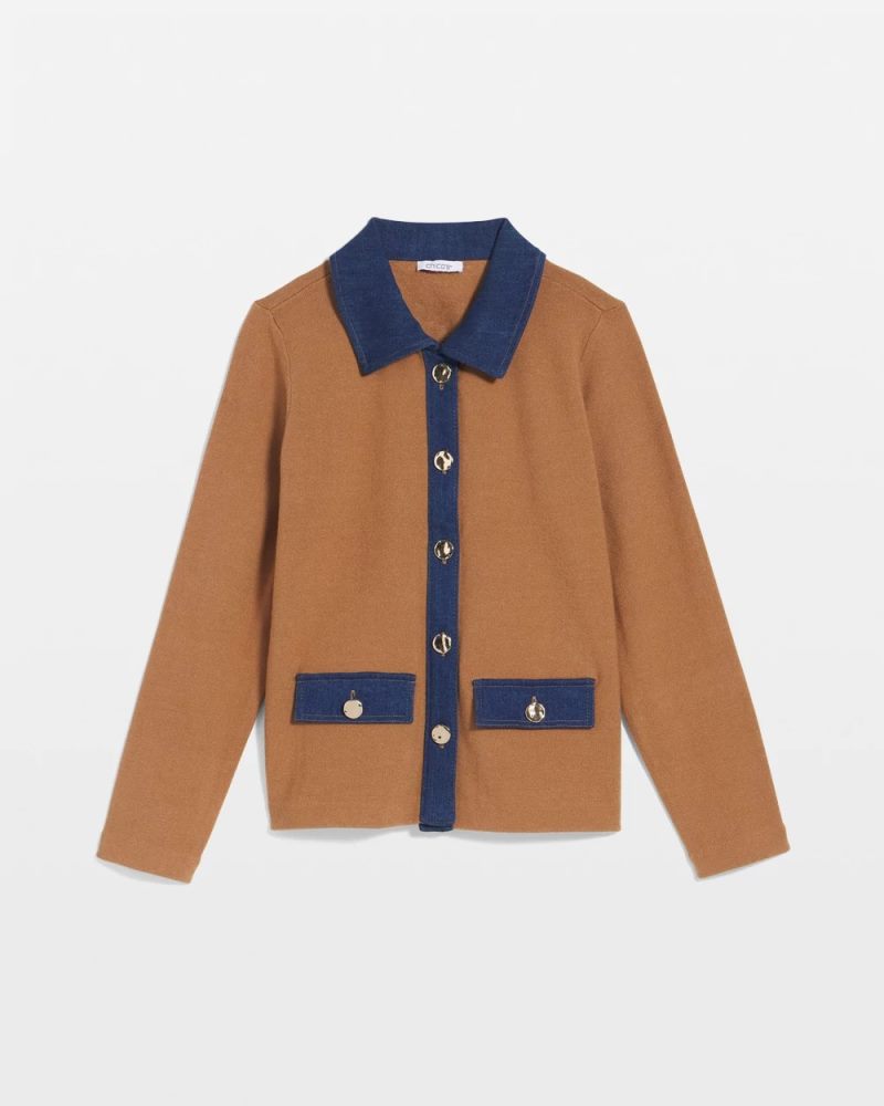 Chicos Collared Denim Trim Cardigan - CARAMEL APPLE HEATHER