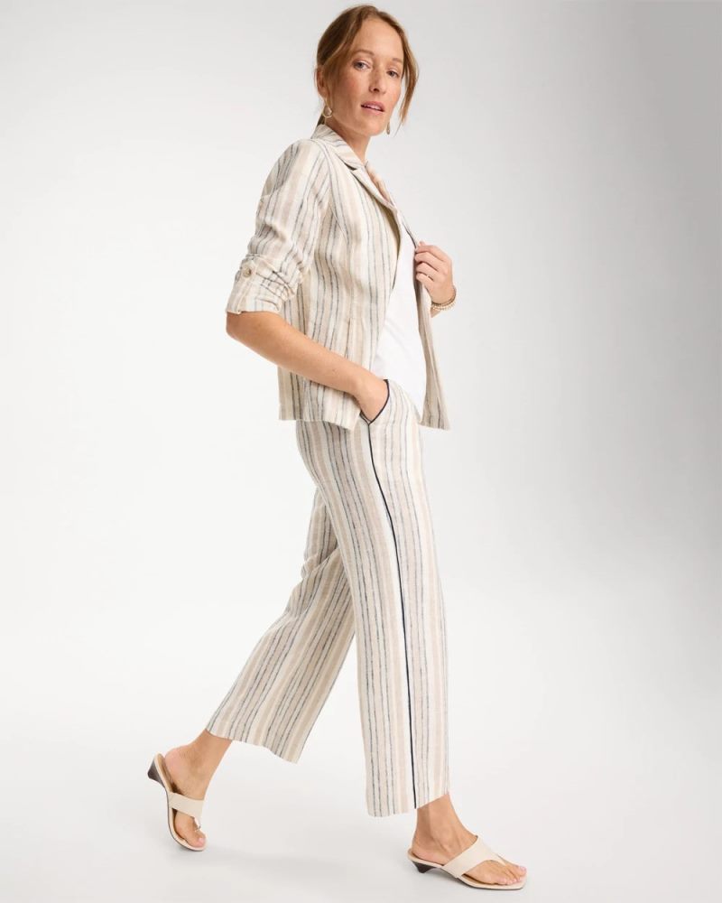 Chicos Striped Piped Linen Fly Front Pants - NEUTRAL