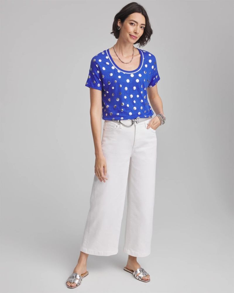 Chicos Foiled Polka-Dot Sweater-Trim Linen Tee - BLUE CASA