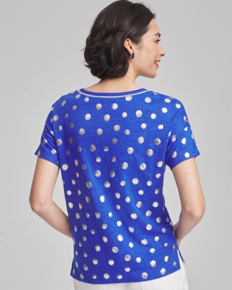 Chicos Foiled Polka-Dot Sweater-Trim Linen Tee - BLUE CASA