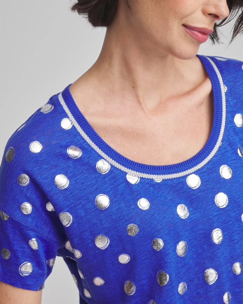 Chicos Foiled Polka-Dot Sweater-Trim Linen Tee - BLUE CASA