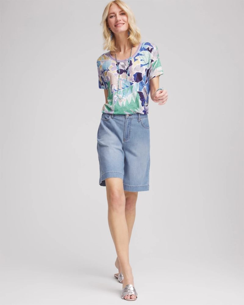 Chicos Tropical Nights Sweater-Trim Linen Tee - BLUE CASA