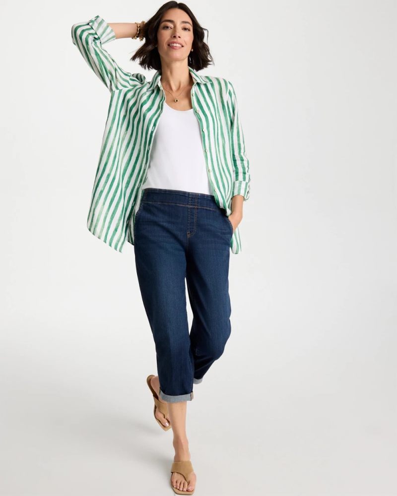 Chicos No Iron Striped Linen Tunic - HUNTER GREEN