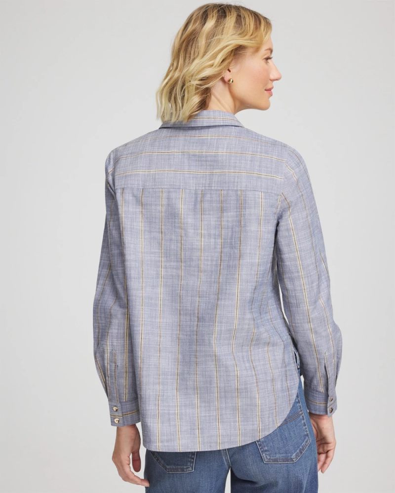 Chicos Chambray Striped Soft Popover - INDIGO