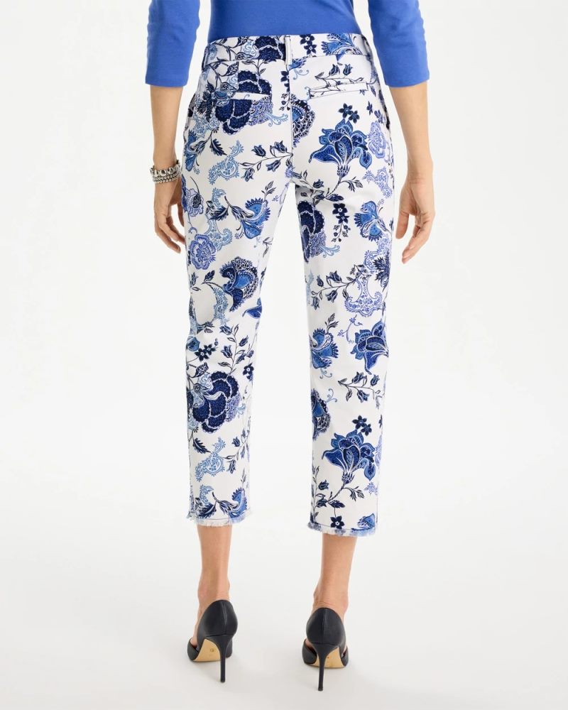 Chicos Printed Relaxed Boyfriend Chino Fray Crop Pants - ALABASTER
