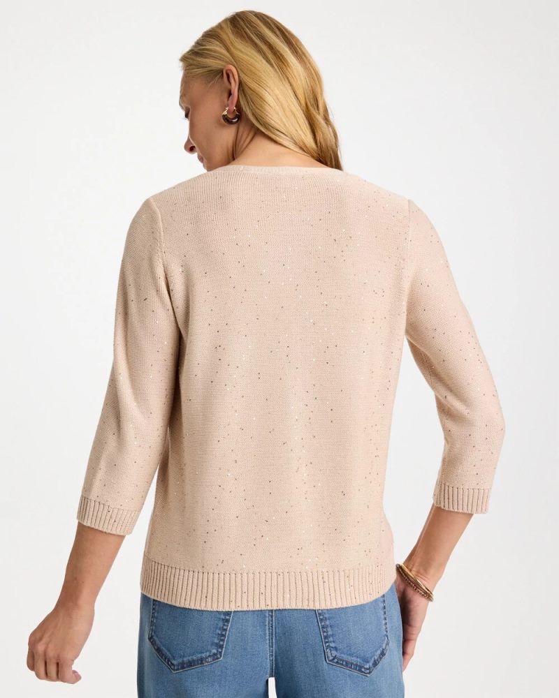 Chicos Stitchy Sequin V-Neck Cardigan - PALE SAND