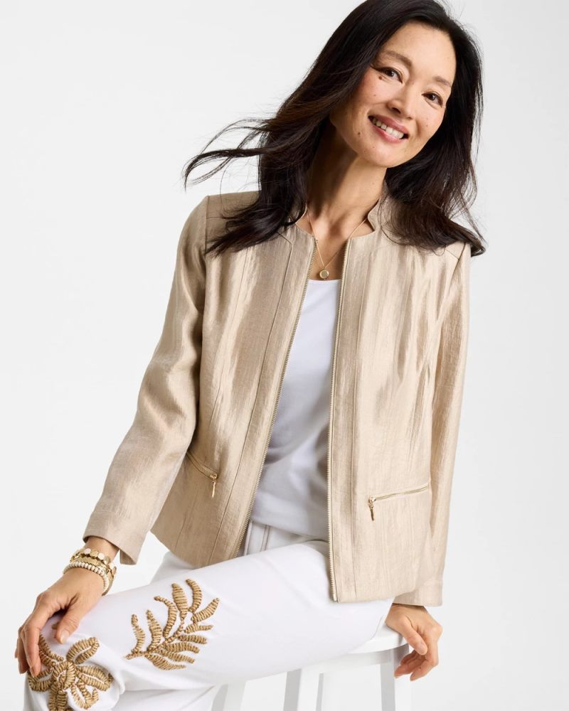 Chicos Satin Stand Collar Jacket - KHAKI