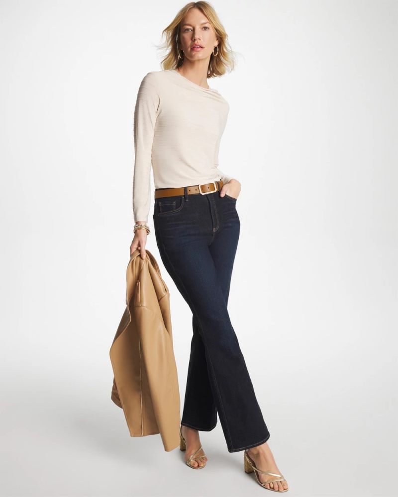 Chicos Textured Long Sleeve Cowlneck Tee - PALE SAND