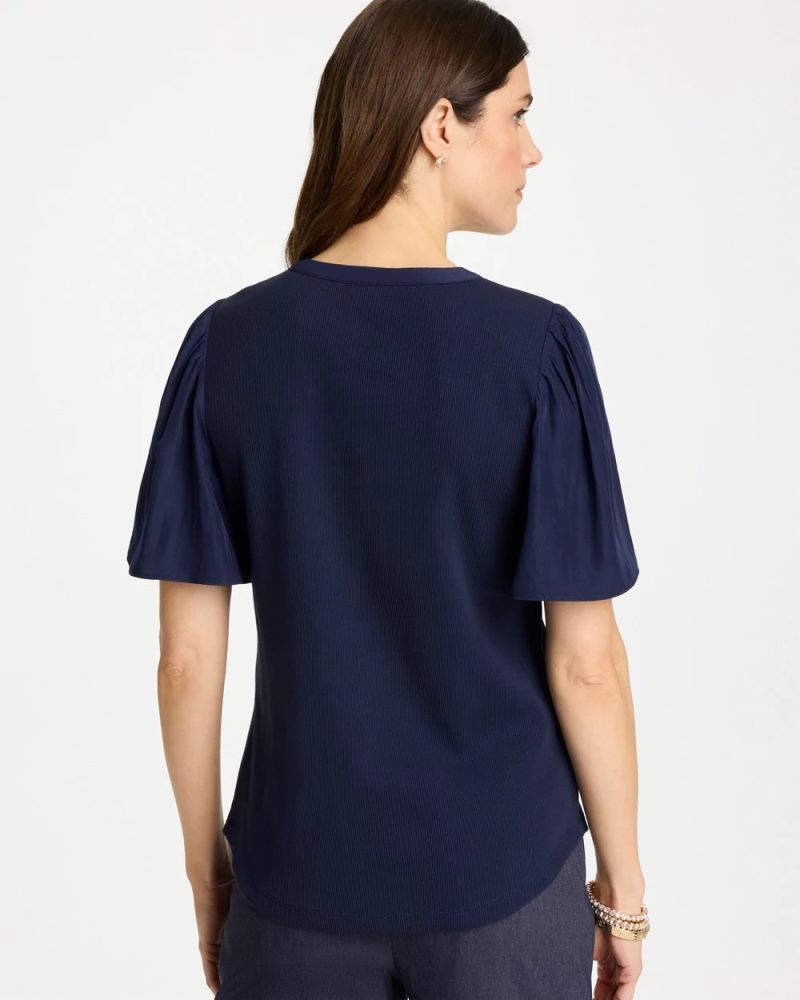 Chicos Rib Knit Woven Flutter Sleeve Tee - PASSPORT BLUE