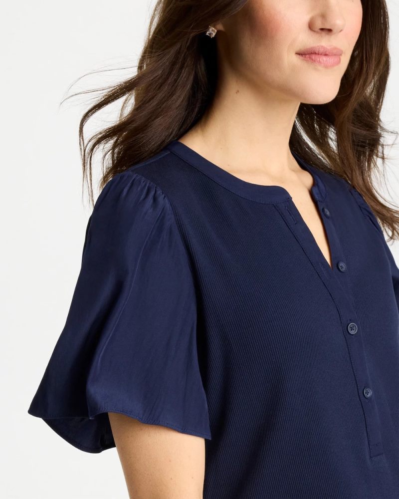 Chicos Rib Knit Woven Flutter Sleeve Tee - PASSPORT BLUE
