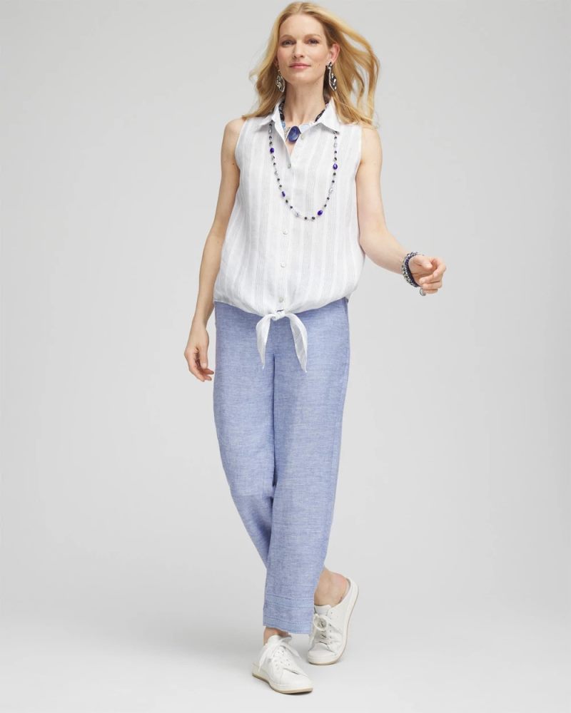Chicos No Iron Linen Tie-Front Sleeveless Shirt - INDIGO