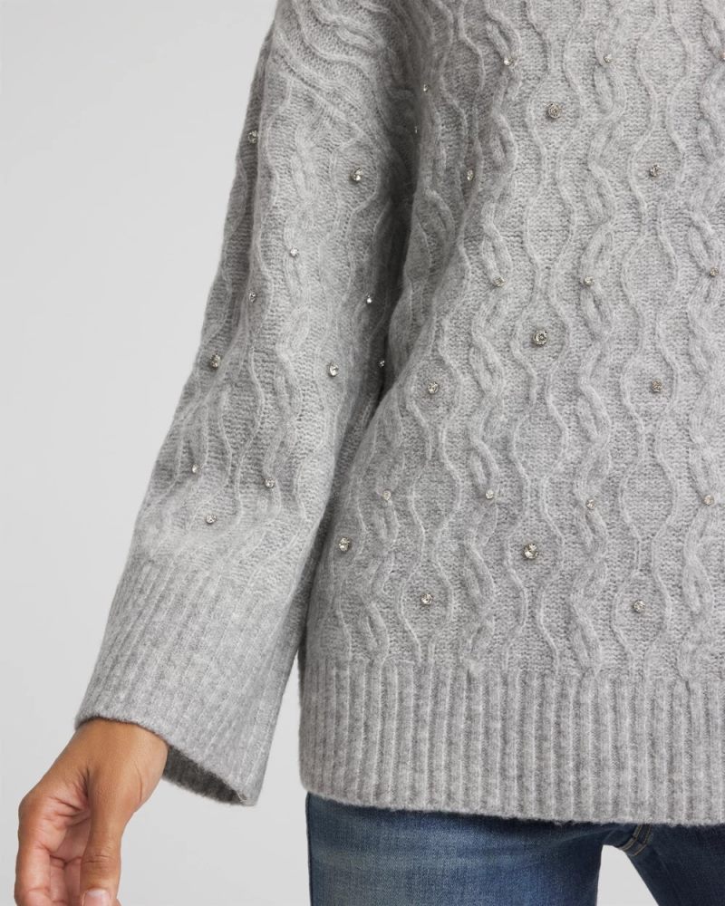 Chicos Sequined Cable Knit Sweater - CLOUD HEATHER GRAY