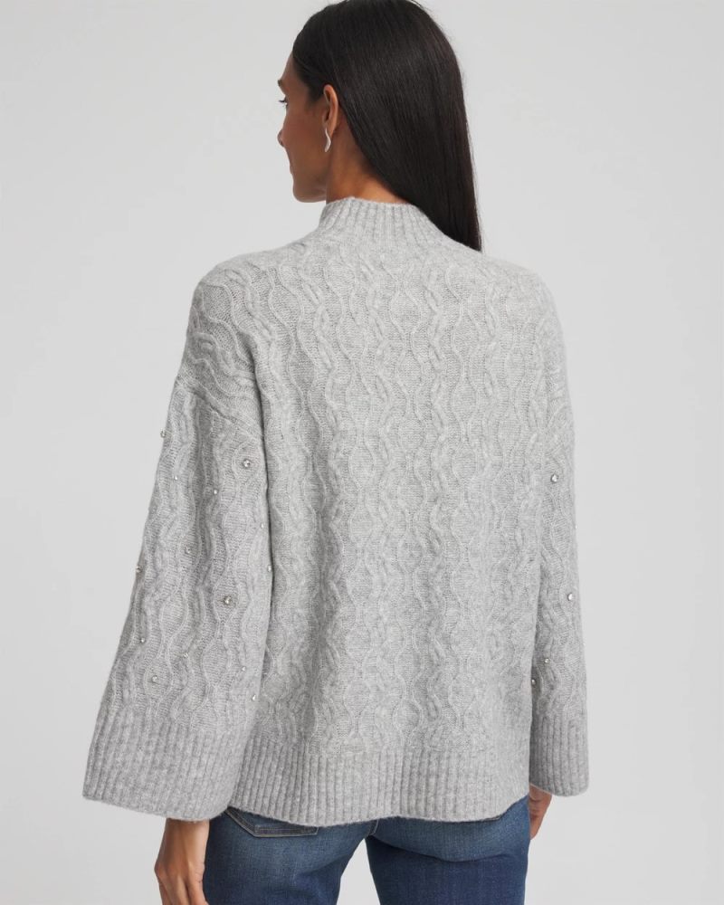 Chicos Sequined Cable Knit Sweater - CLOUD HEATHER GRAY