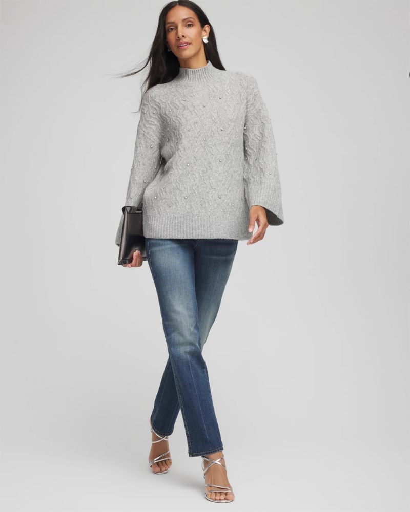 Chicos Sequined Cable Knit Sweater - CLOUD HEATHER GRAY