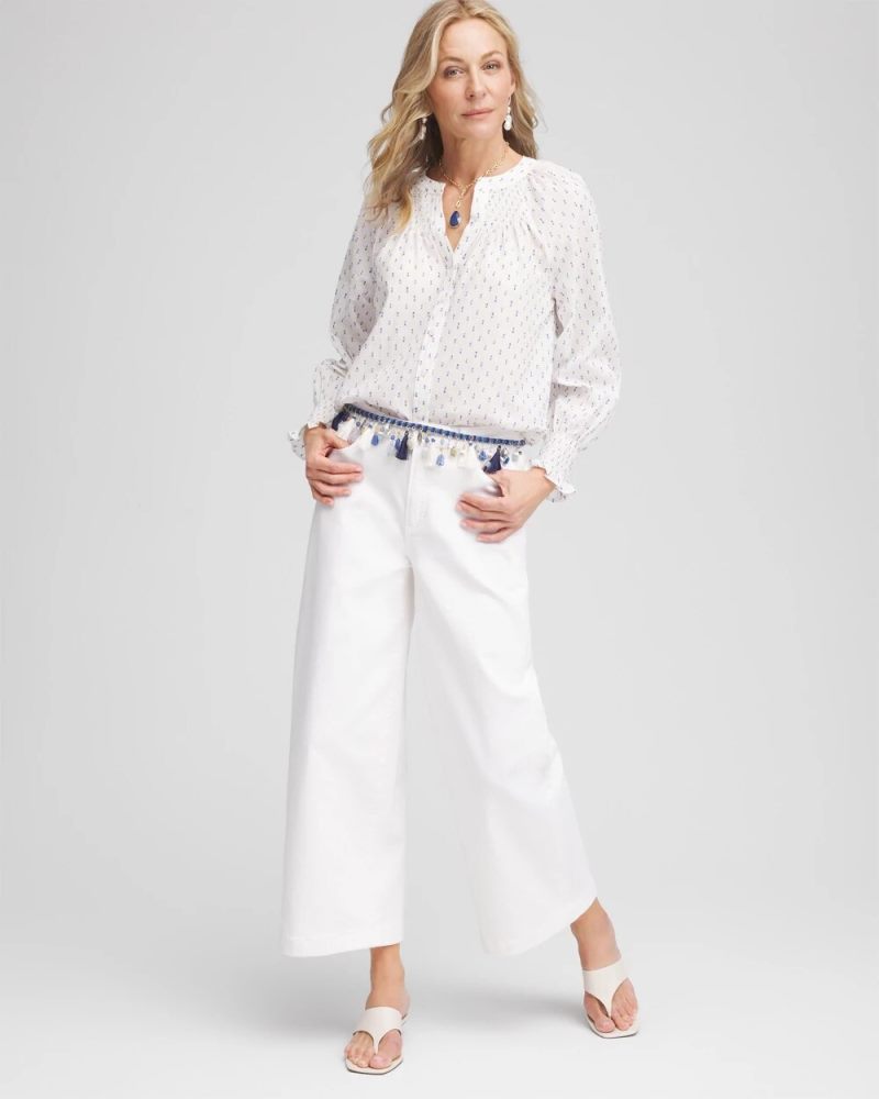 Chicos Smocked Split-neck Blouse - BLUE CASA