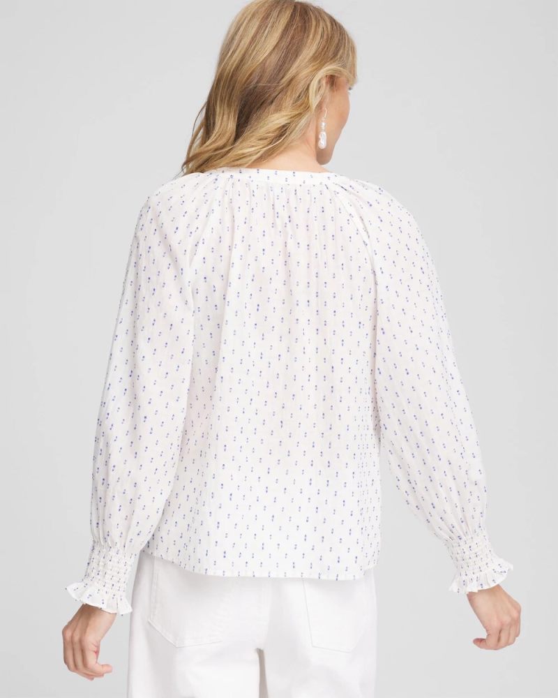 Chicos Smocked Split-neck Blouse - BLUE CASA