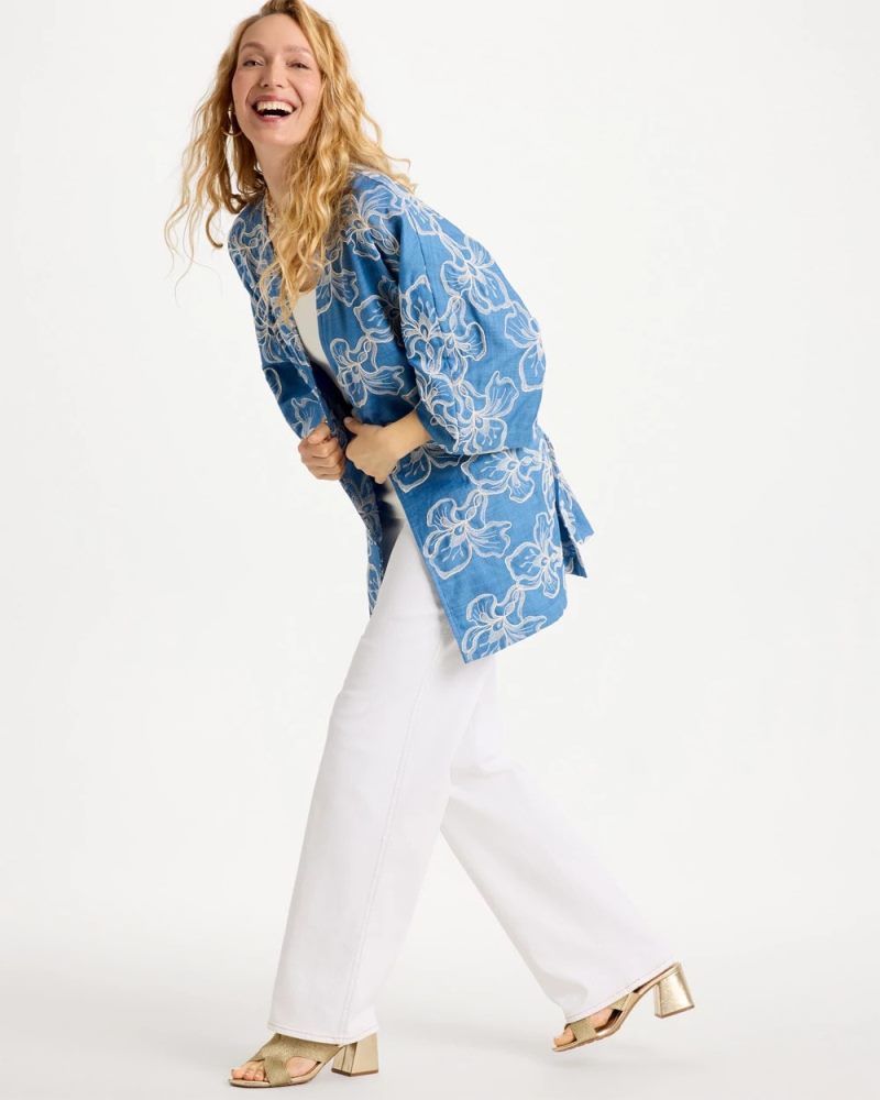 Chicos Woven Embroidered Belted Kimono - DENIM