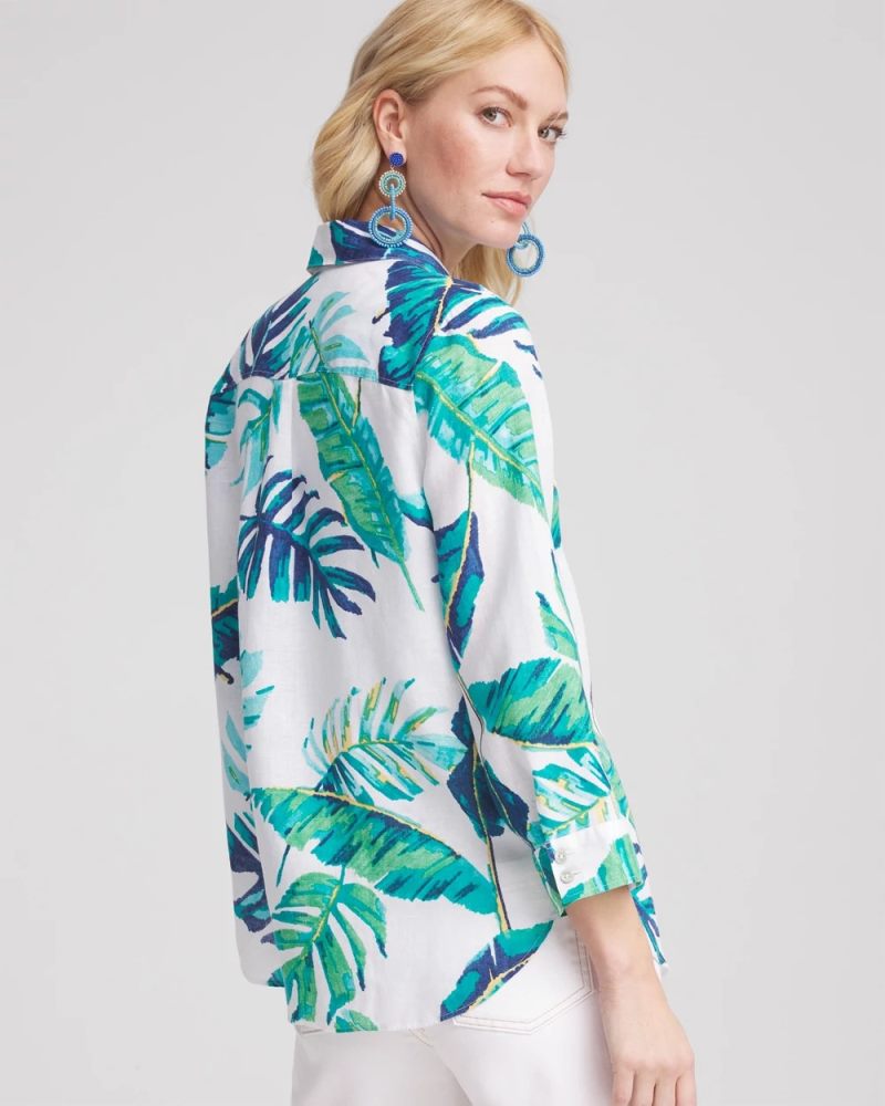 Chicos No Iron Palm Print Linen Shirt - SEASPRAY