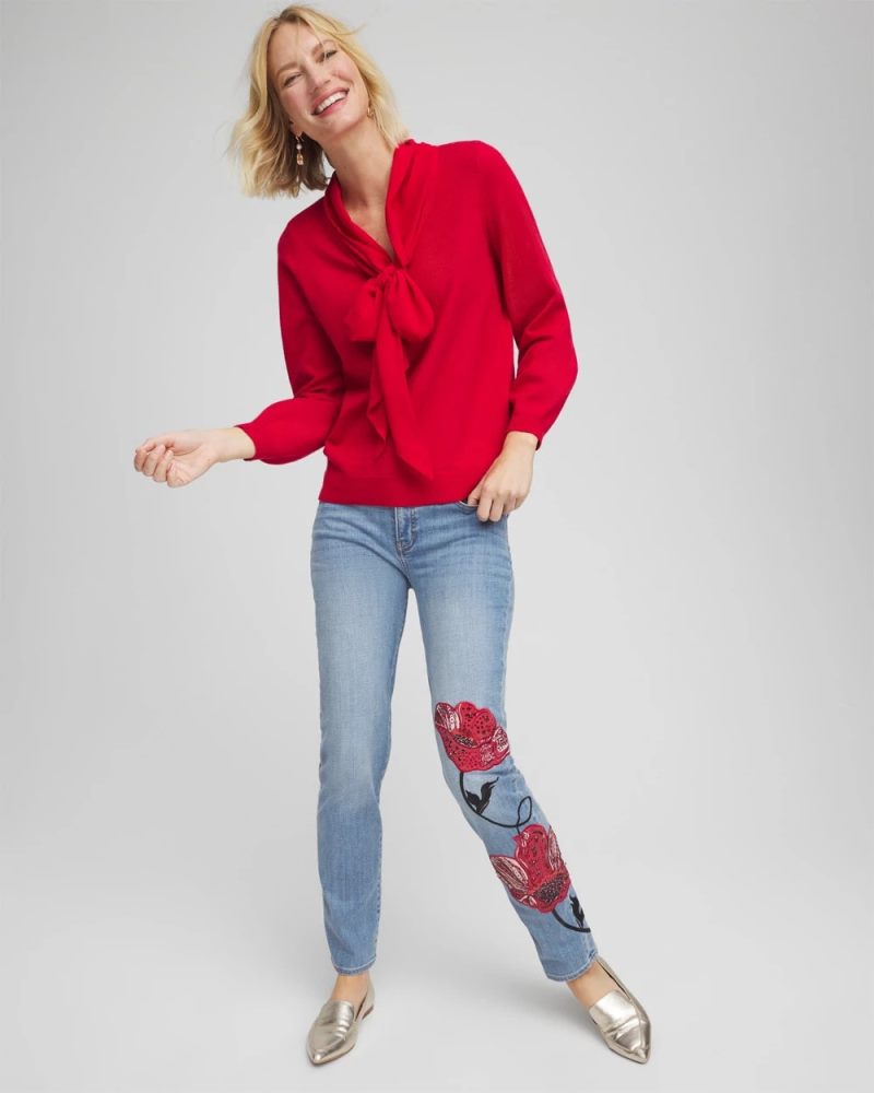 Chicos Placed Floral Girlfriend Slim Ankle Jeans - POPPY INDIGO