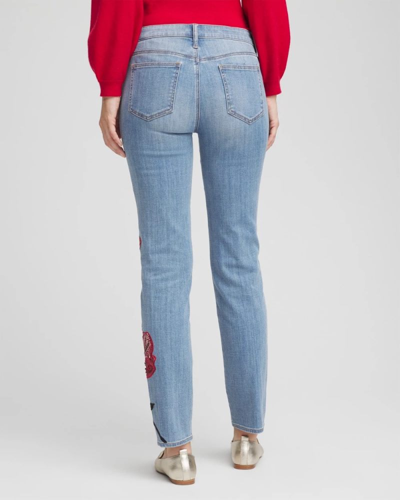 Chicos Placed Floral Girlfriend Slim Ankle Jeans - POPPY INDIGO