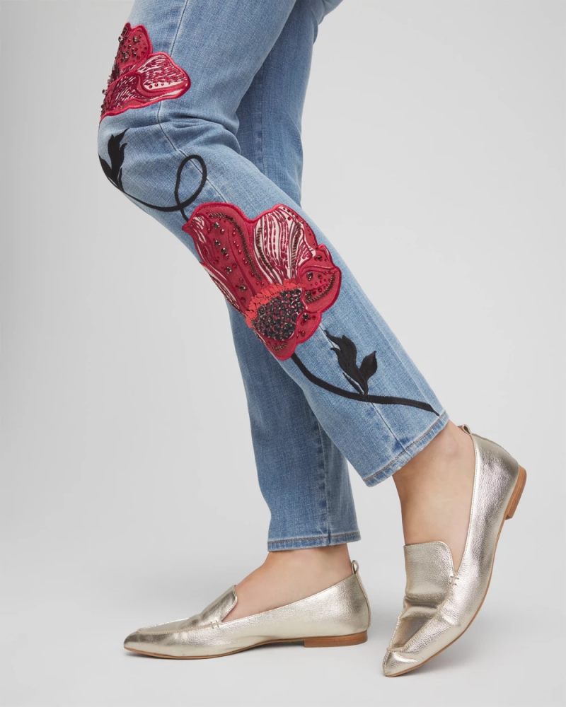 Chicos Placed Floral Girlfriend Slim Ankle Jeans - POPPY INDIGO