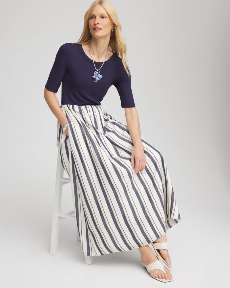 Chicos Mixed Metallic Striped Maxi Dress - ECRU