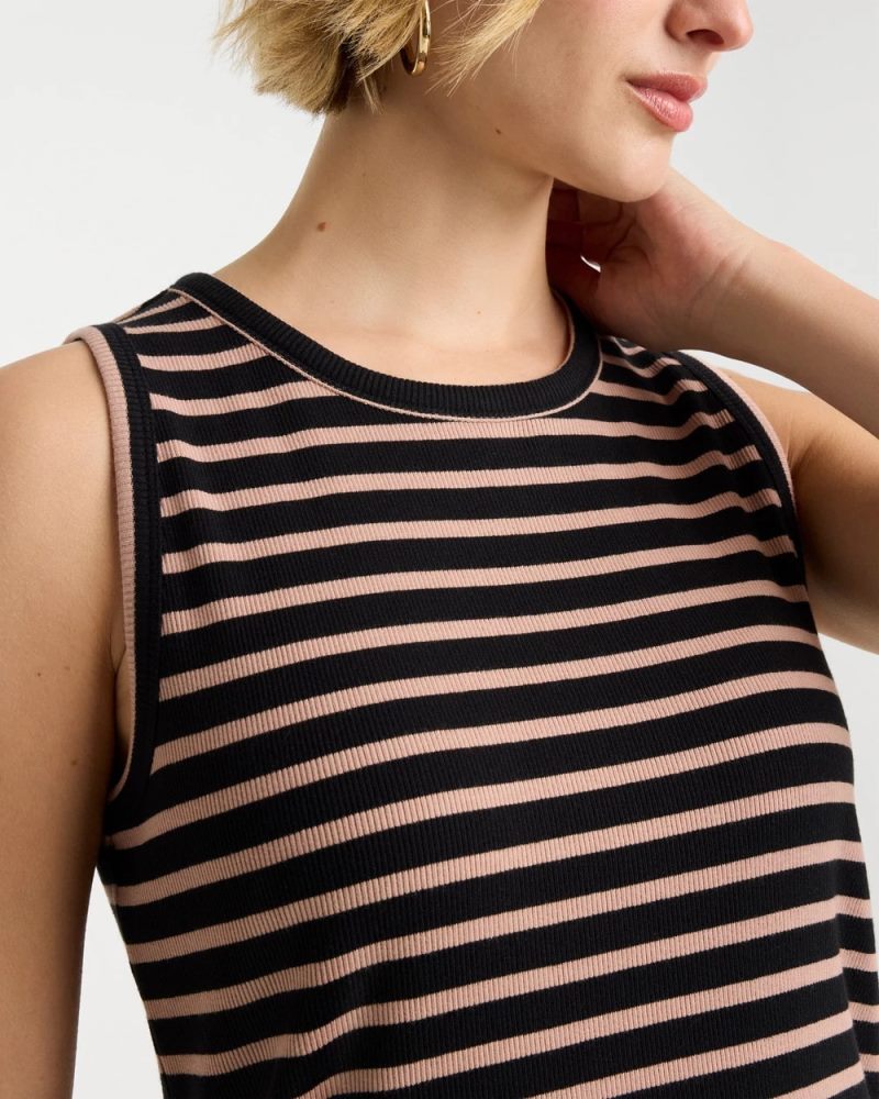 Chicos Striped High Neck Rib Tank - MOCHA MOUSSE