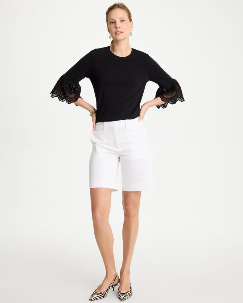 Chicos Cotton Lace Flutter Sleeve Tee - BLACK