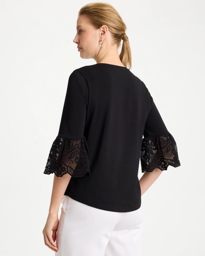Chicos Cotton Lace Flutter Sleeve Tee - BLACK