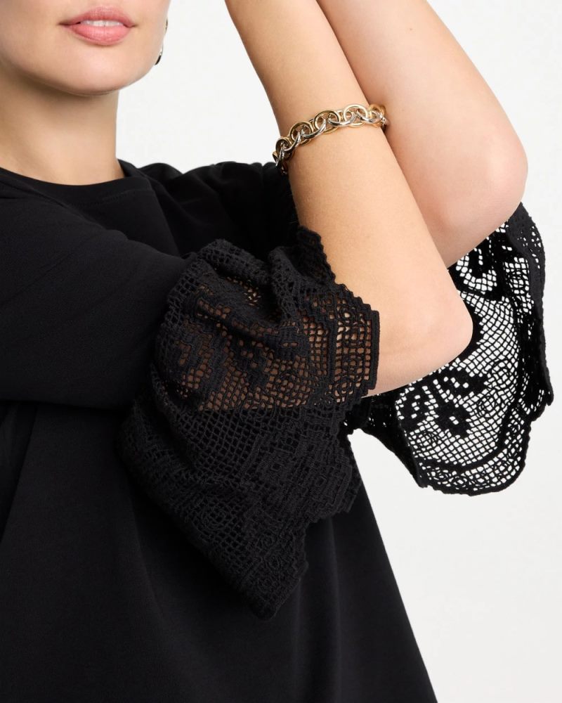 Chicos Cotton Lace Flutter Sleeve Tee - BLACK