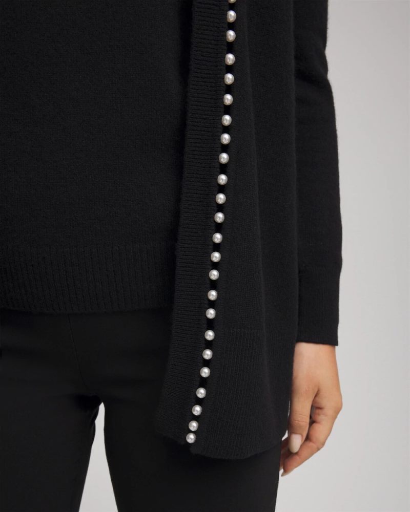 Chicos Cashmere Pearl-Trim Cardigan - BLACK