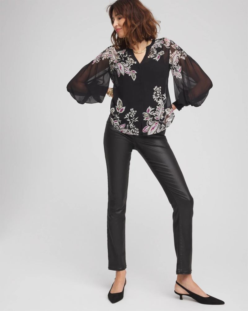 Chicos Floral Pintuck Sleeve Blouse - BLACK