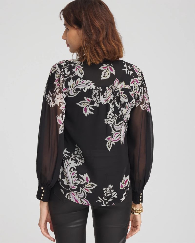Chicos Floral Pintuck Sleeve Blouse - BLACK