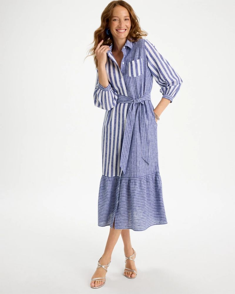 Chicos Linen-Cotton Striped Shirtdress - INDIGO