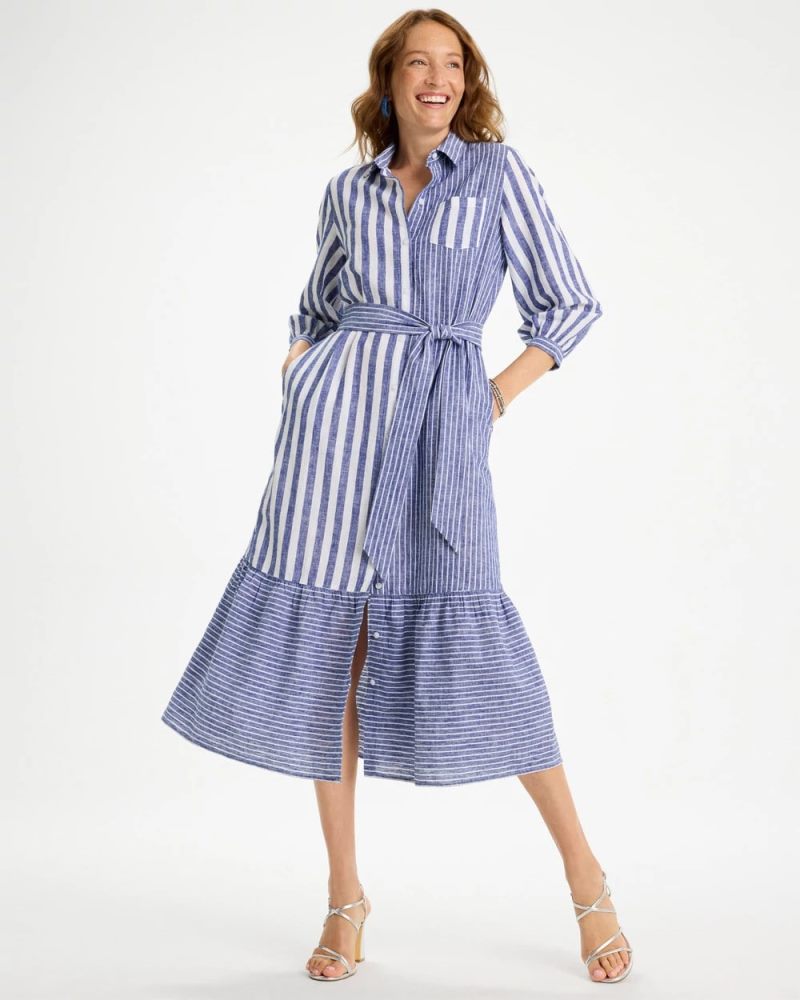 Chicos Linen-Cotton Striped Shirtdress - INDIGO