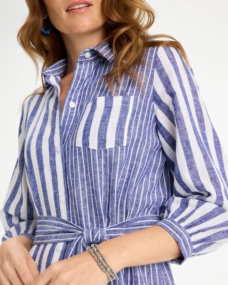 Chicos Linen-Cotton Striped Shirtdress - INDIGO