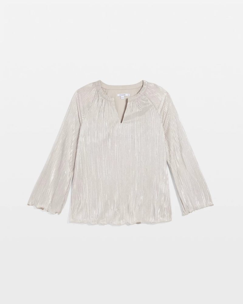 Chicos Foiled Pleated V-Neck Tee - CHAMPAGNE