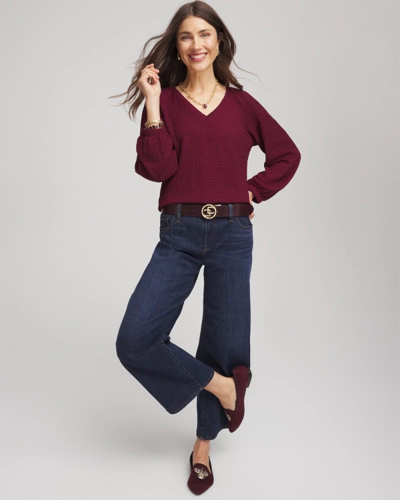 Chicos Textured Raglan V-Neck Top - DEEP CHIANTI