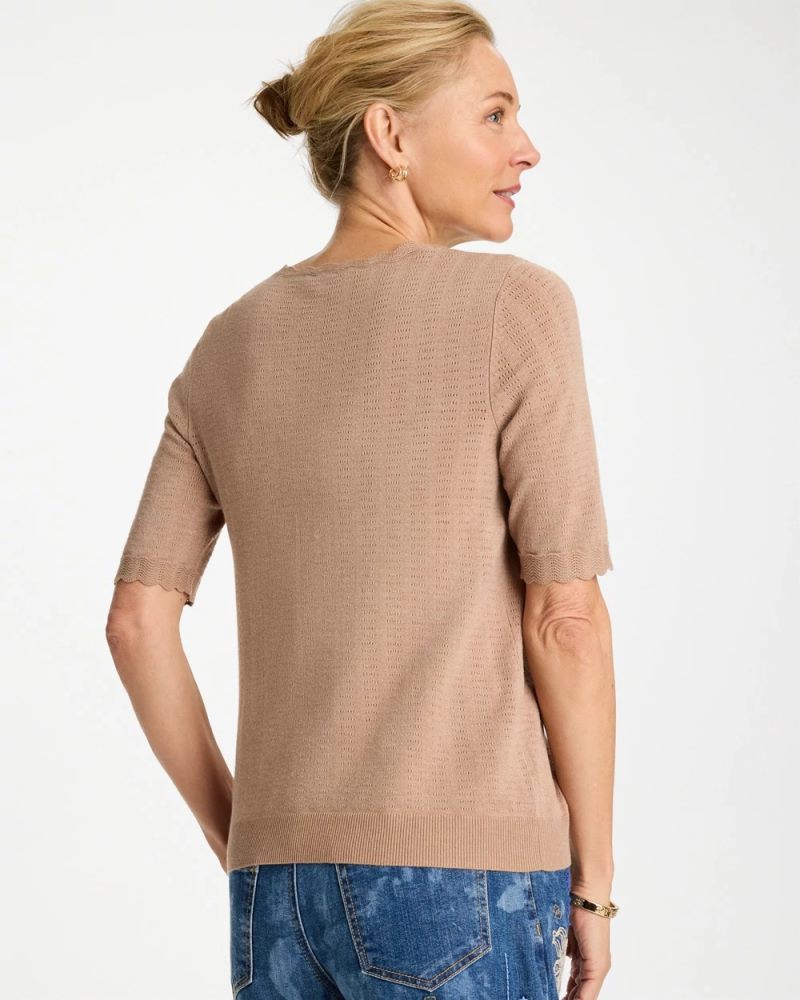 Chicos Ella Crewneck Pointelle Pullover Sweater - CATTAIL BROWN