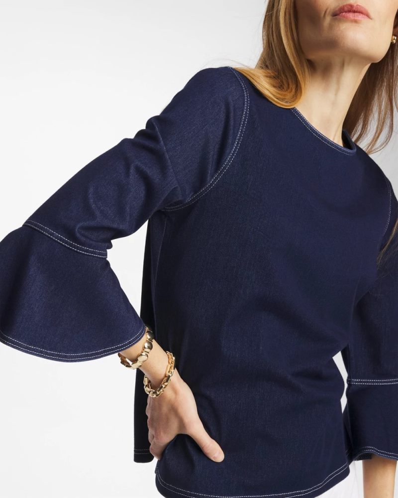 Chicos Indigo Denim Trumpet Sleeve Top - DENIM