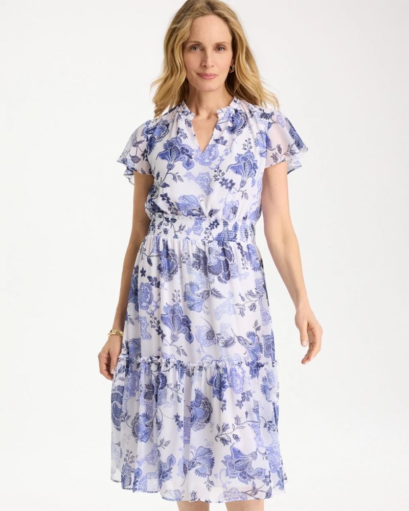 Chicos Floral Smocked Waist Dress - ALABASTER