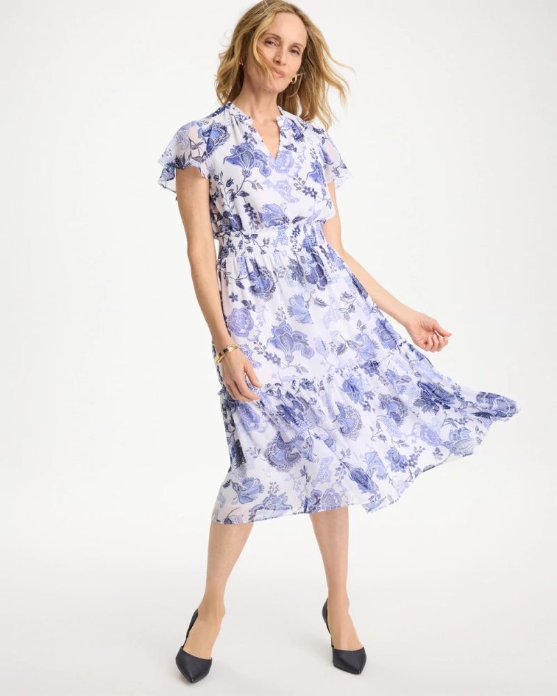 Chicos Floral Smocked Waist Dress - ALABASTER