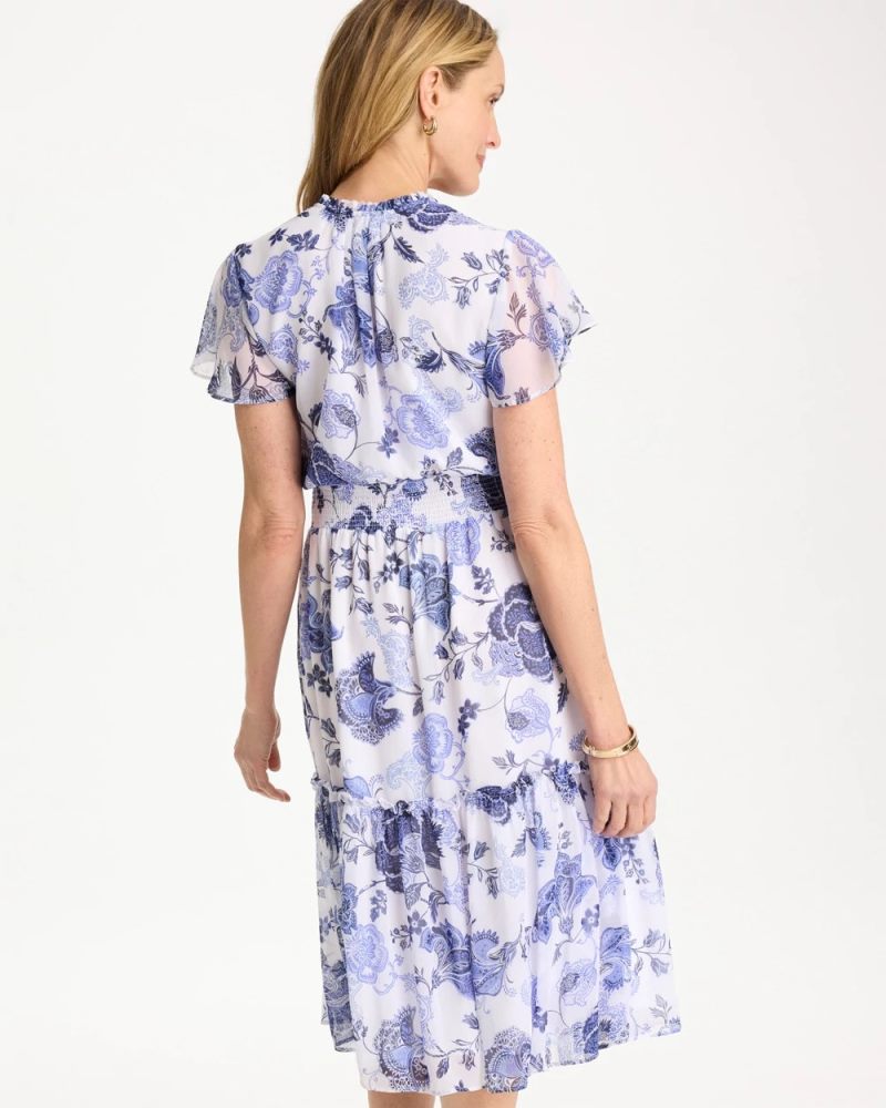 Chicos Floral Smocked Waist Dress - ALABASTER