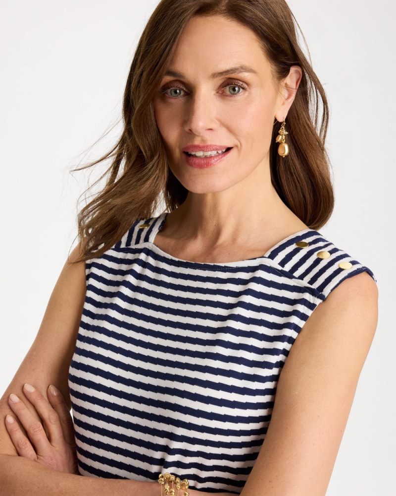 Chicos Cotton Striped Button Tee - PASSPORT BLUE
