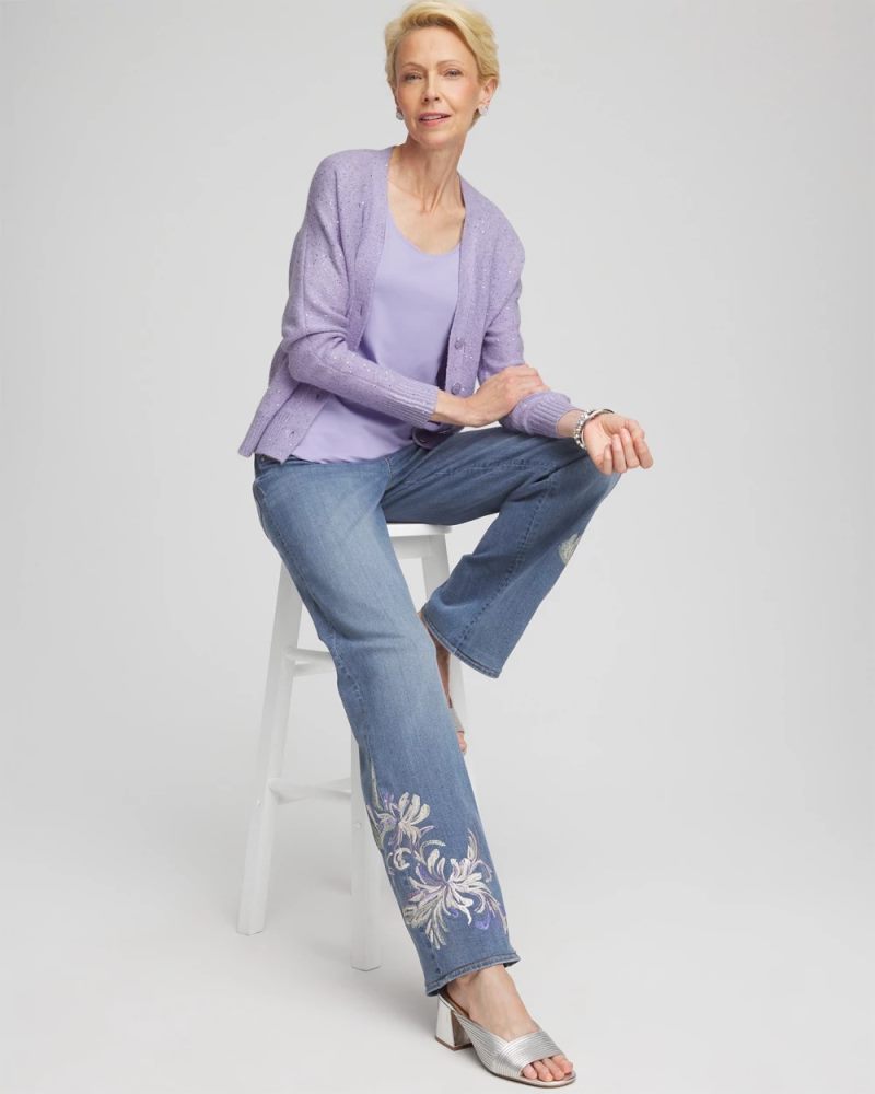 Chicos Embroidered Pull-On Wide-Leg Jeans - SORAYA INDIGO