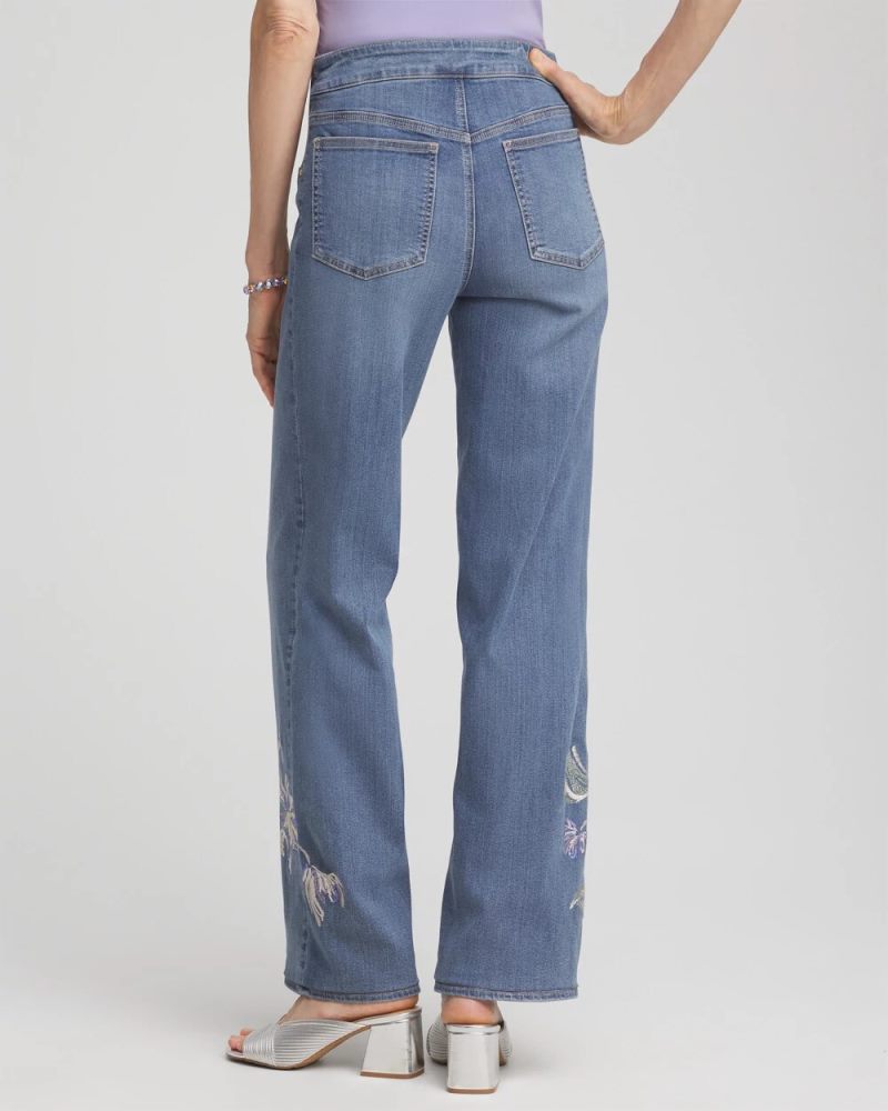 Chicos Embroidered Pull-On Wide-Leg Jeans - SORAYA INDIGO