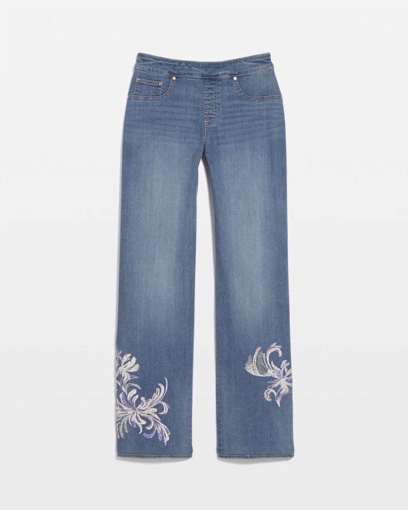 Chicos Embroidered Pull-On Wide-Leg Jeans - SORAYA INDIGO